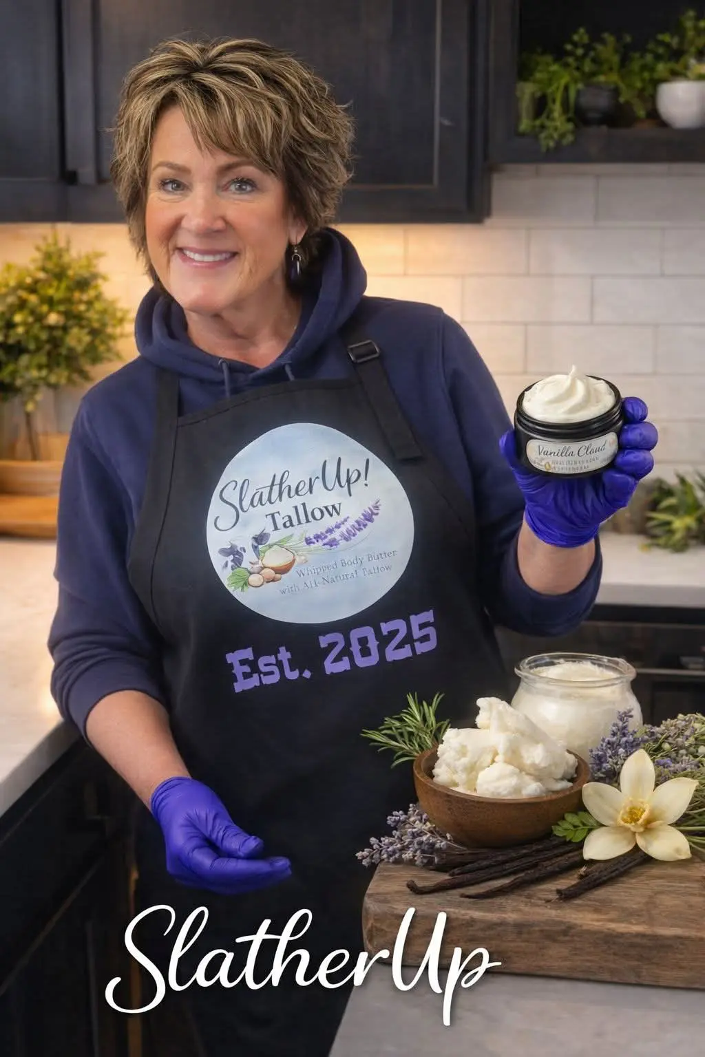 Woman holding a skincare product, wearing gloves and a hoodie.