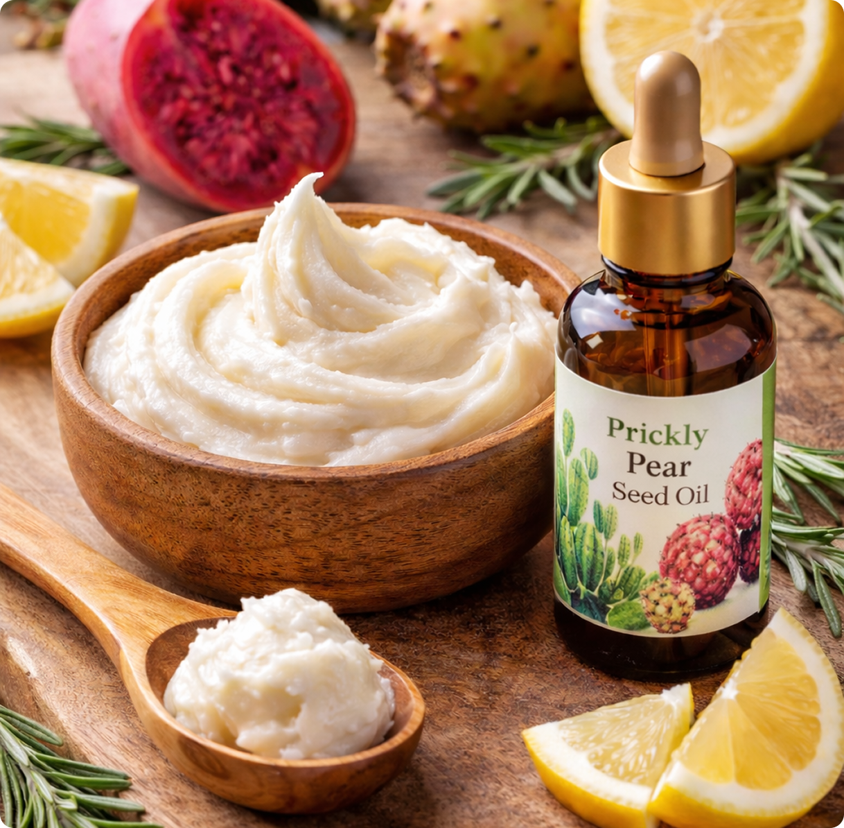 Prickly pear seed oil and cream display.