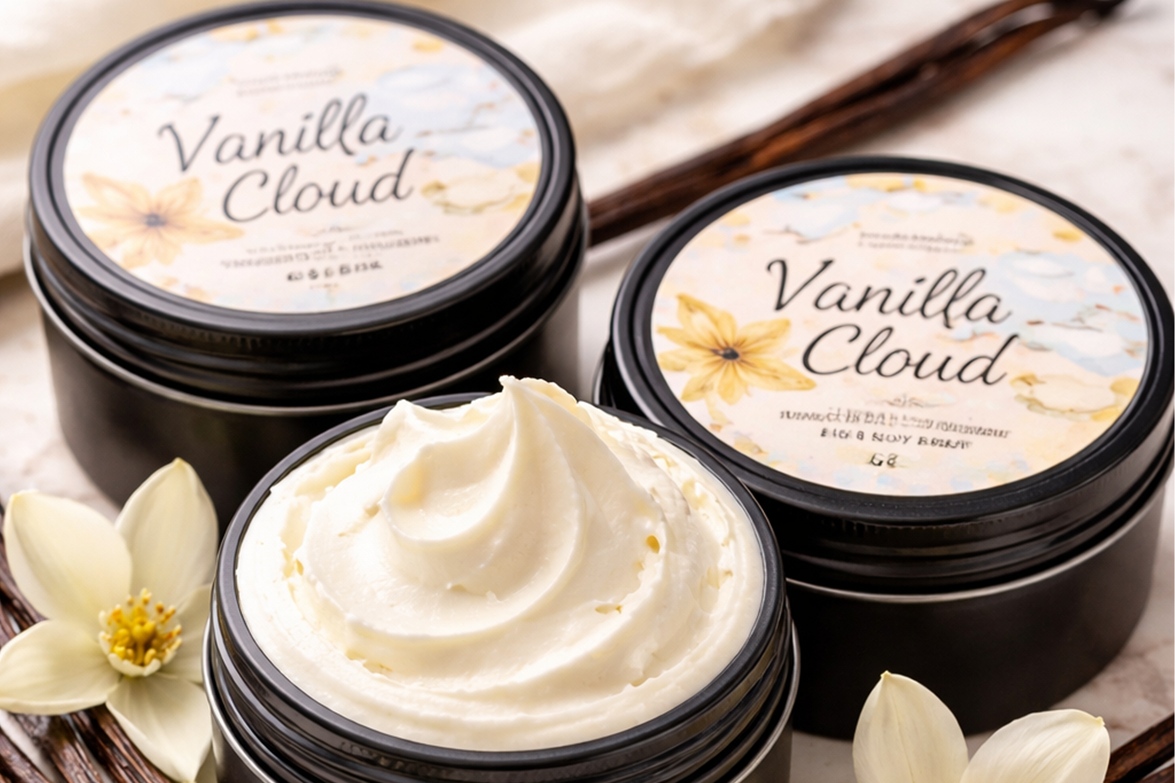 Vanilla Cloud body cream containers and flowers.
