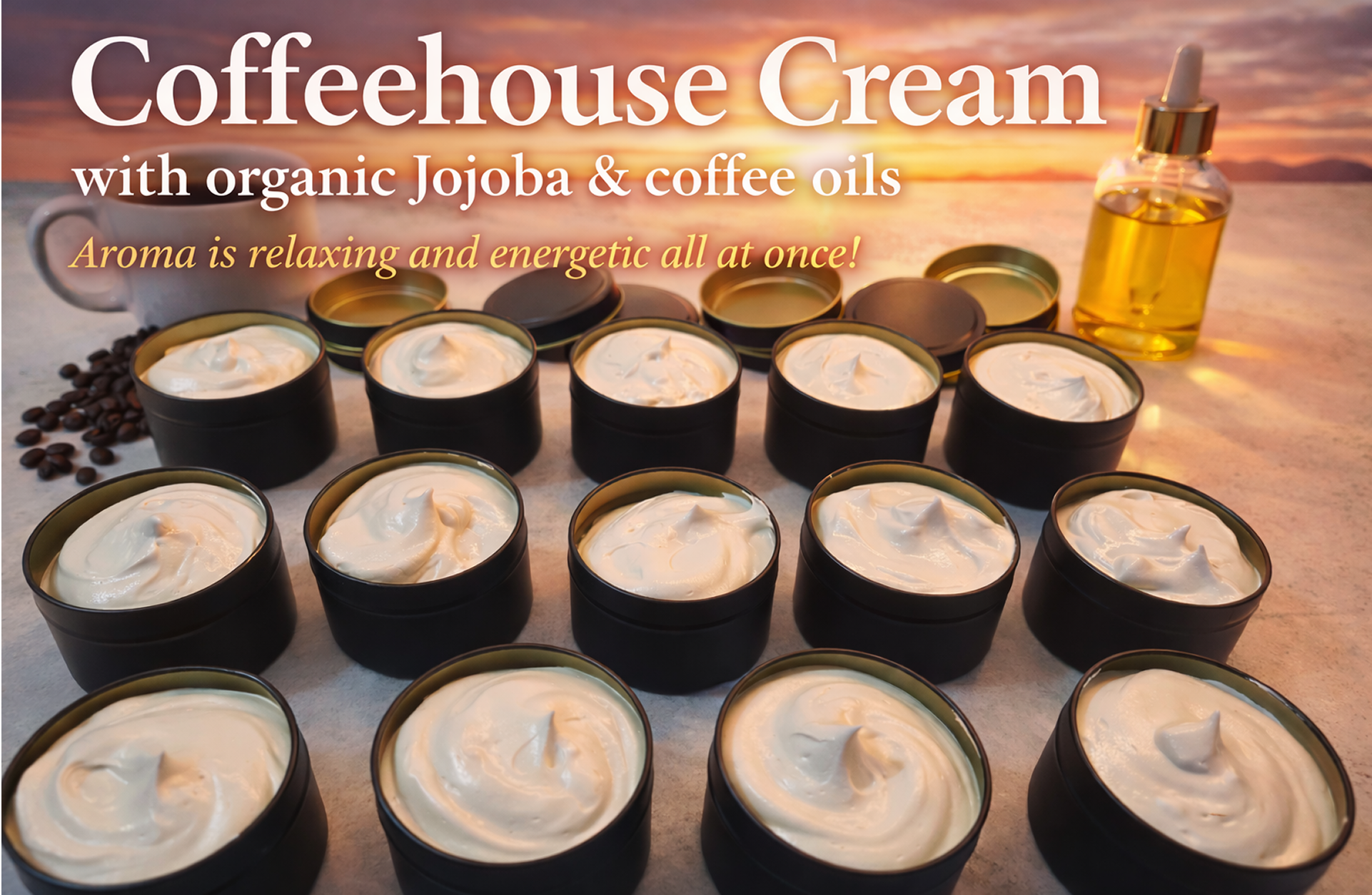 Handmade coffeehouse cream skincare jars with organic jojoba and coffee oils.