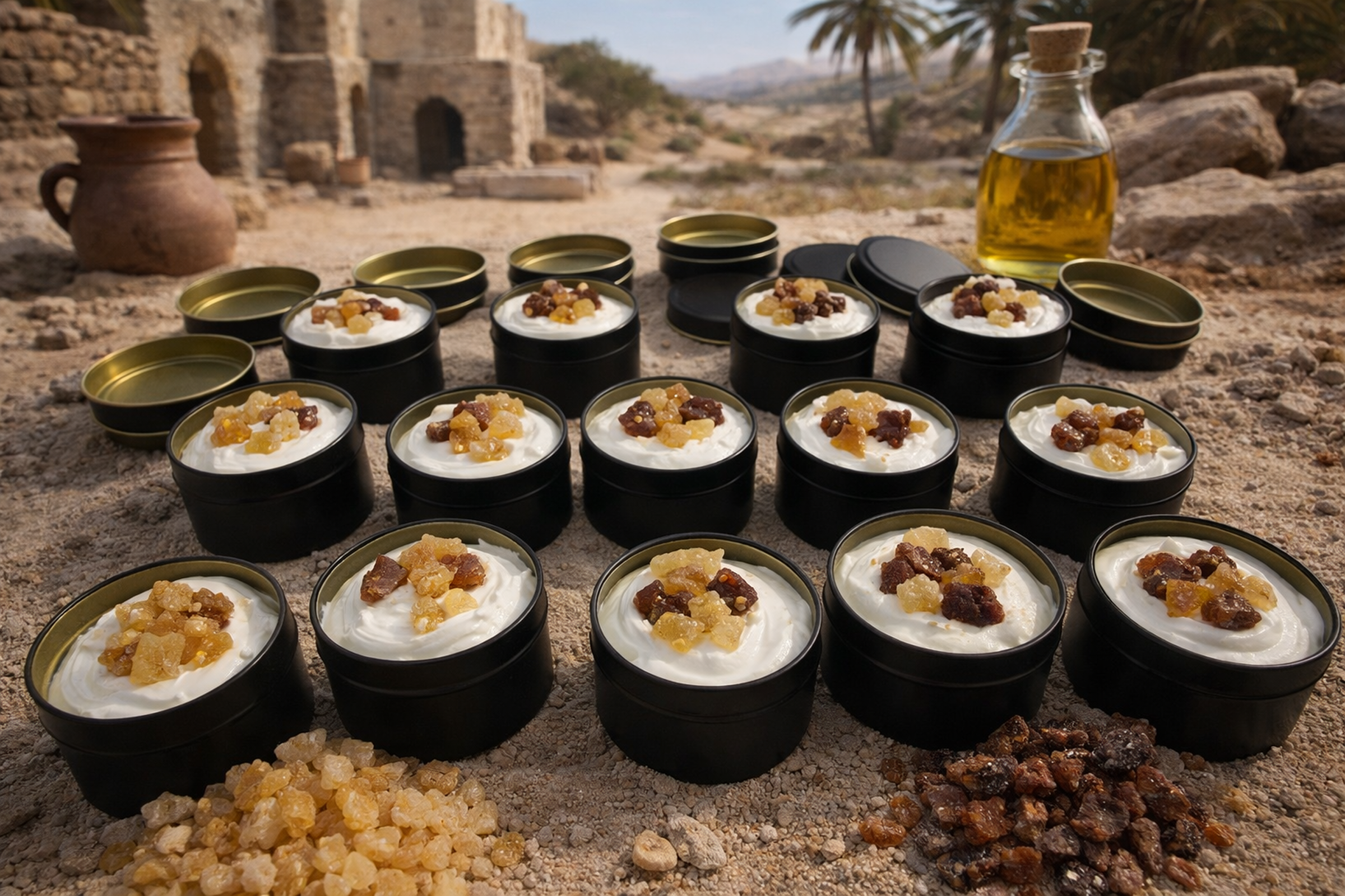 Outdoor dessert display with ancient backdrop