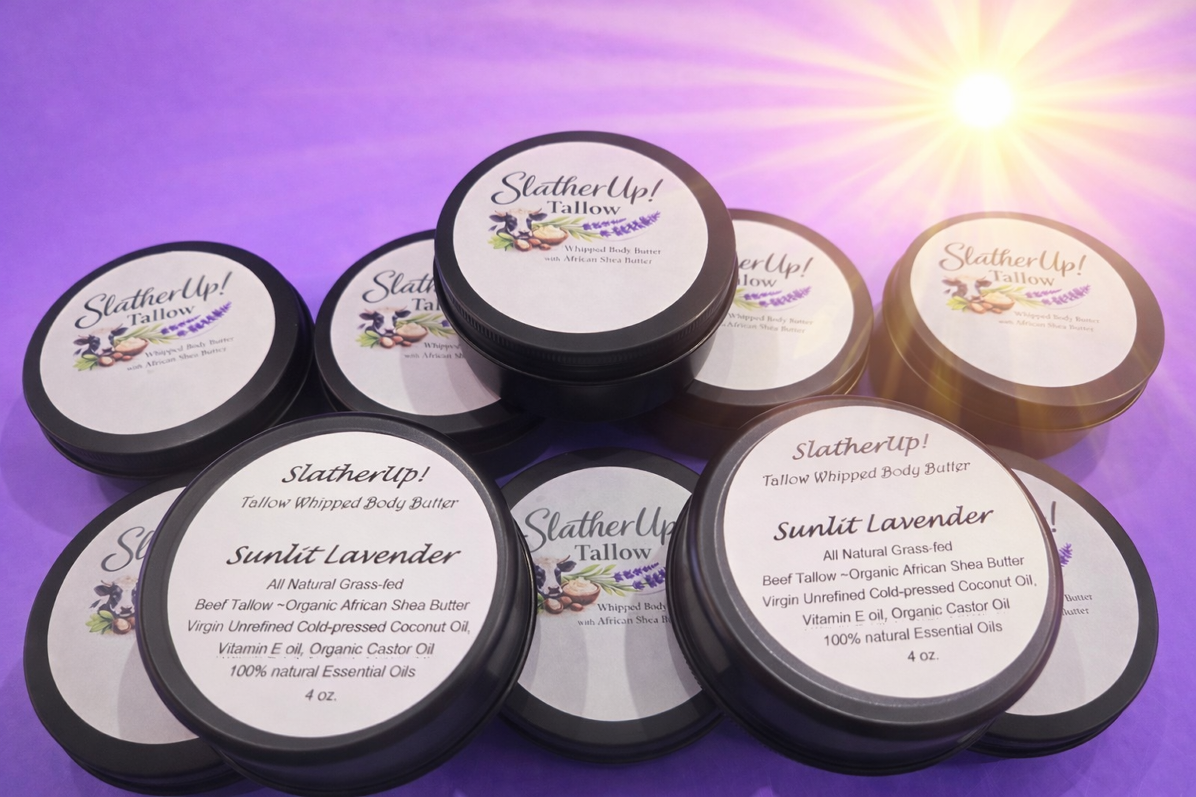 Tallow body butter jars with sunlit lavender