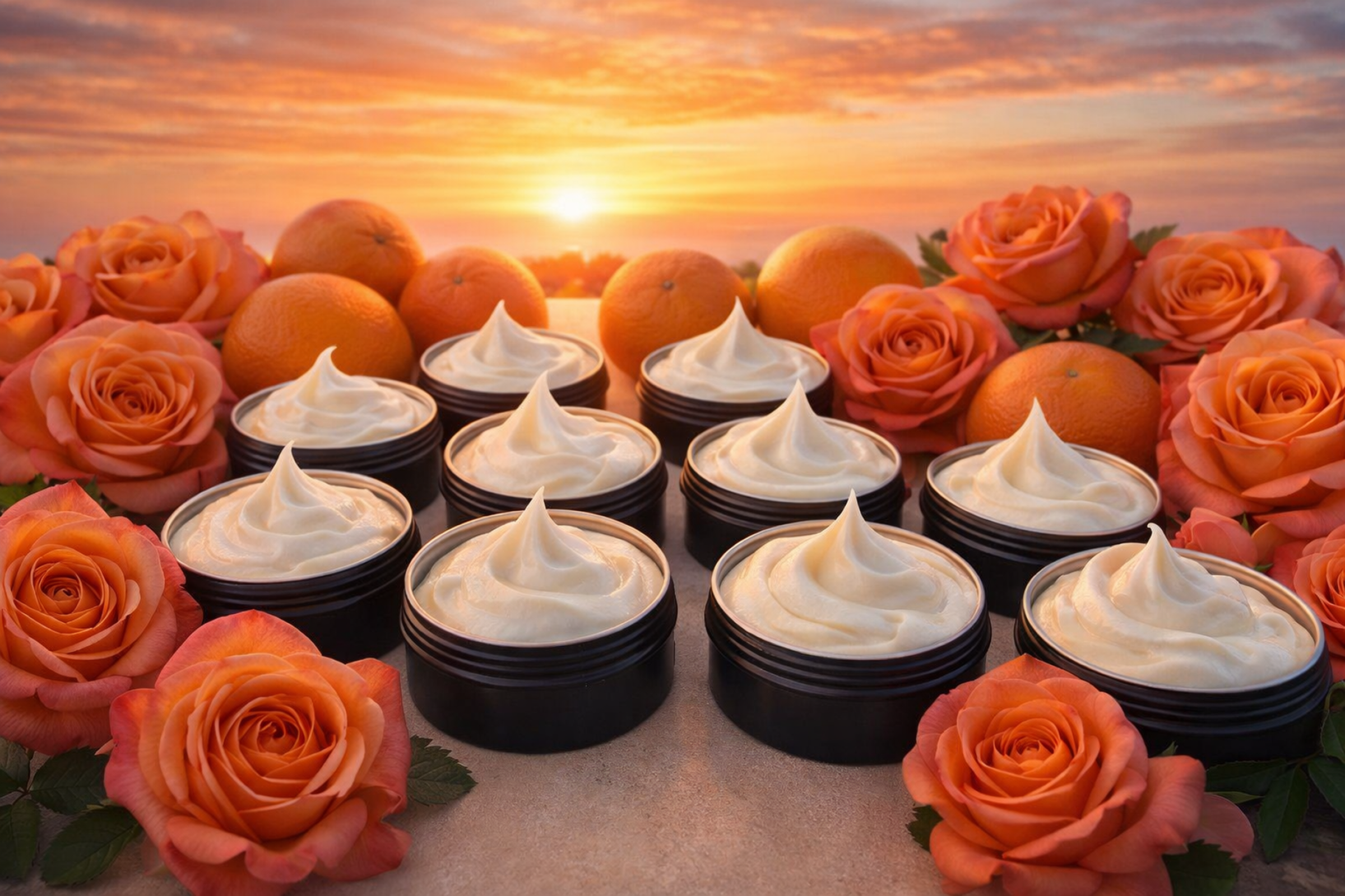 Skincare products with sunset background
