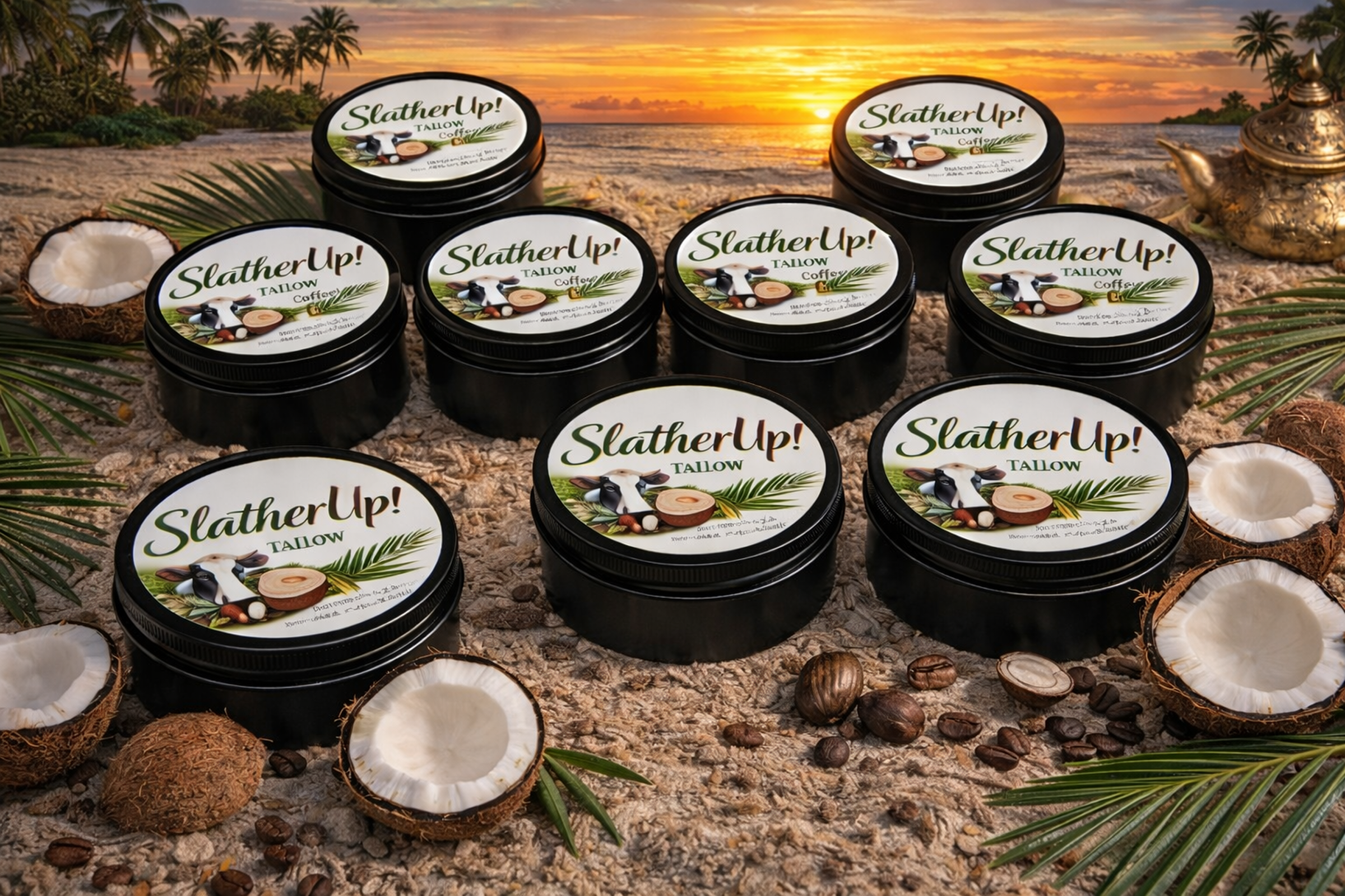Natural skincare tins with coconut theme